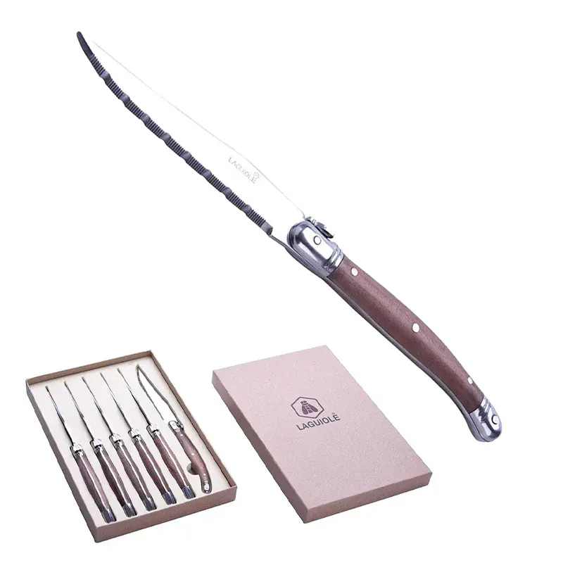 Professionale Laguiole Coltello Bistecca In Acciaio Inox - Legno Noce - Set 6 Pz