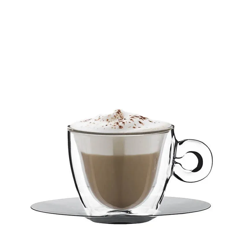 Promozione Esclusiva 16.5 cl - Bormioli Luigi Thermic Glass Tazza Cappuccino Doppia Parete Con Piattino In Acciaio - Set 2 Pz