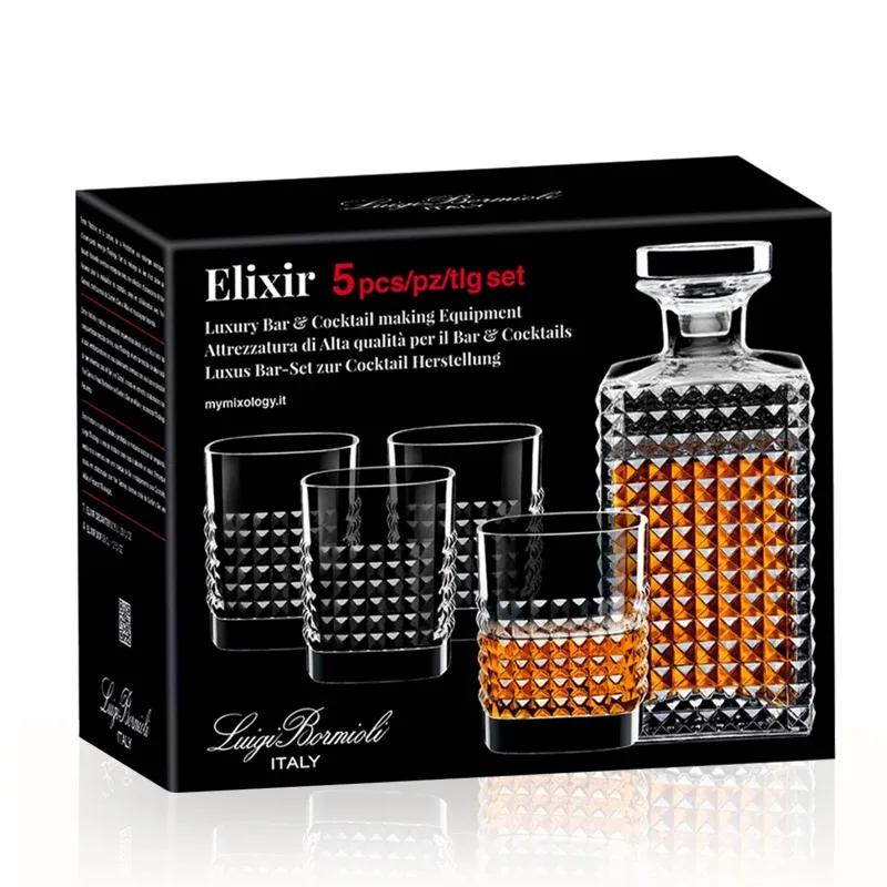Bormioli Luigi Mixology Elixir Set Whisky Bottiglia e Bicchieri In Vetro - Set 5 Pz Promo Stagionale