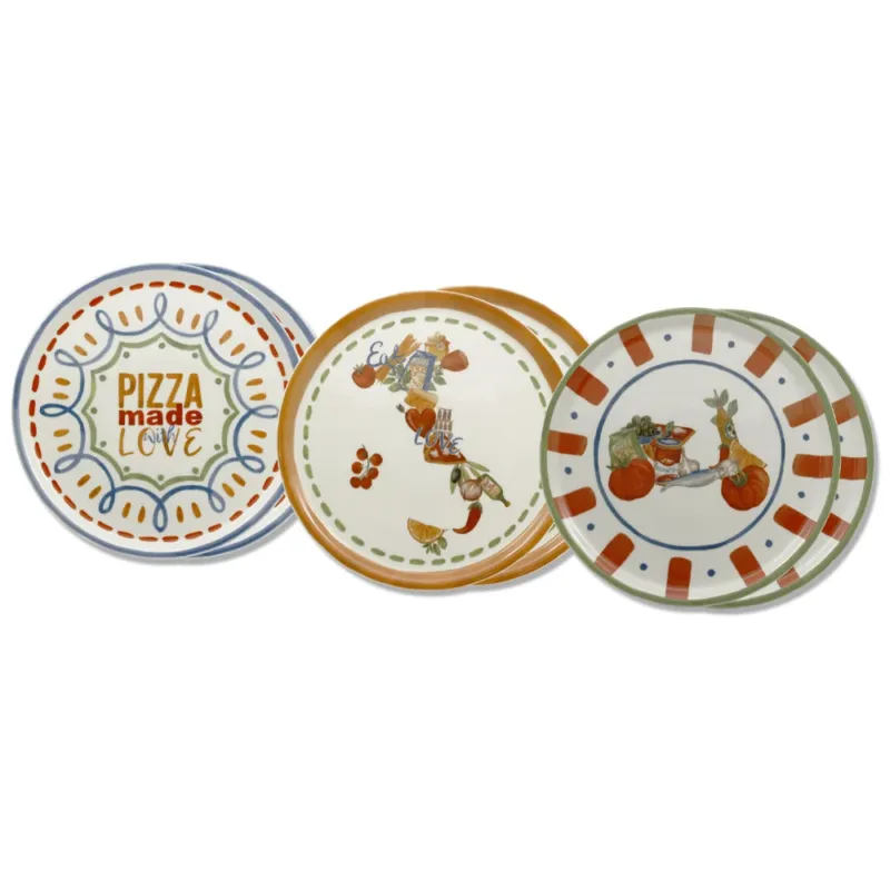 33 cm - Saturnia Pizza Handmade Piatto Pizza 3 Decori In Porcellana Set 6 Pz Reso Gratuito