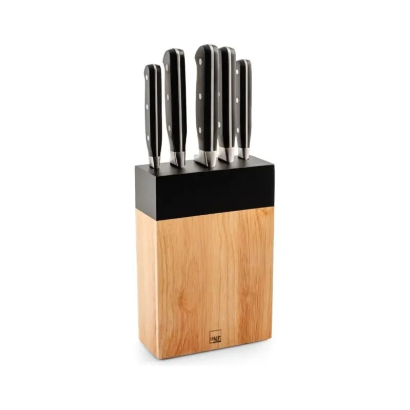 Ultimissimo Modello H&H Set Coltelli Cucina In Acciaio Inox Con Ceppo In Legno Set 5 Pz