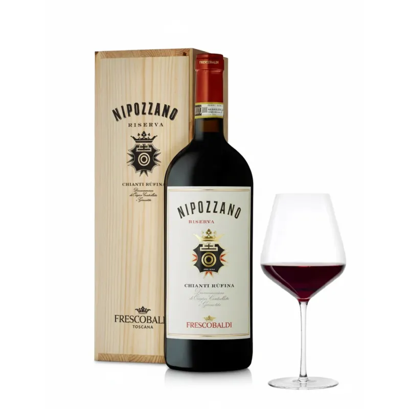 Offerta Speciale Nipozzano Chianti Rufina DOCG Riserva 2020 Magnum In Cassetta Legno Con 12 Calici 82 cl Stolzle Lausitz Starlight
