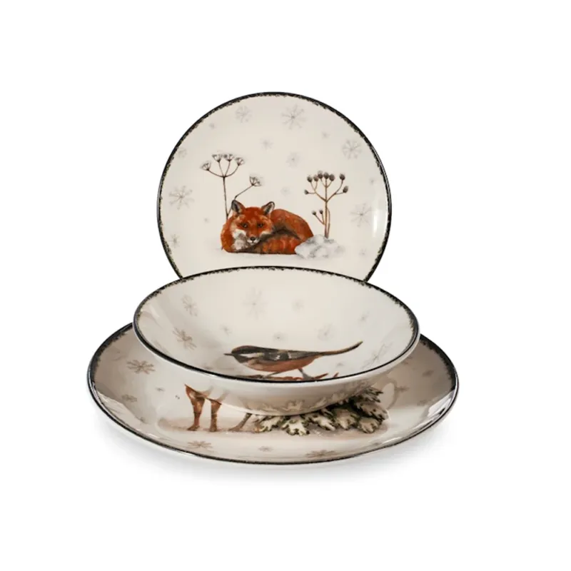 H&H Coupe Wild Spirits Servizio Piatti Con Decoro Natalizio In Stoneware Set 18 Pz Occasione