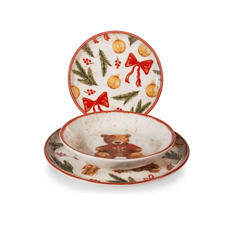 Novità H&H Nordic Teddy Hugs Servizio Piatti Con Decoro Natalizio In Stoneware Set 18 Pz