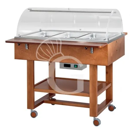 Espositore caldo bagnomaria in noce con cupola per 3 bacinelle GN1/1 e temperatura +30°C/+90°C Compra Adesso