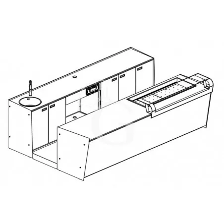 Banco bar + Retrobanco in metallo verniciato con Drop-in Sinistro Vetro Supporto - L 3500 mm Solo Oggi