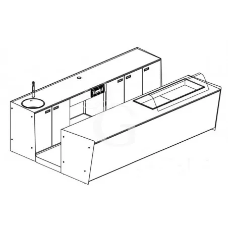 Solo Oggi Bancone bar + Retrobanco in metallo verniciato con Drop-in Sinistro vetro curvo - L 3500 mm