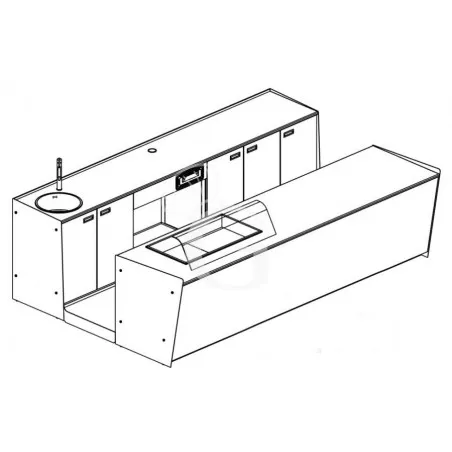 Ultimissimo Modello Banco bar + Retrobanco in metallo verniciato con Drop-in Destro vetro curvo - L 3500 mm
