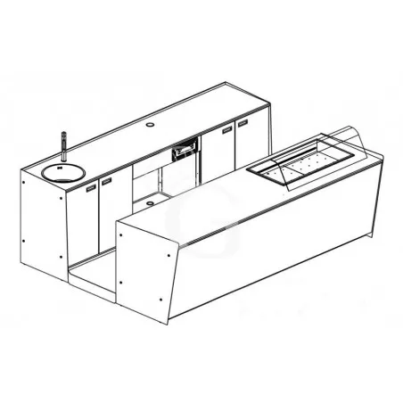Bancone bar + Retrobanco in metallo verniciato con drop-in in vetro curvo - L 3000 mm Offerta Speciale