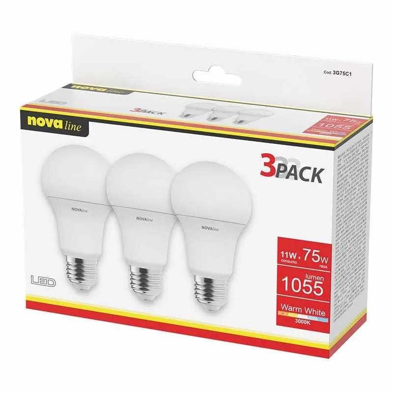 LAMPADE LED CLASSIC E27 11W 220-240V 3000K A+ TRIPACK BOX Consegna Rapida