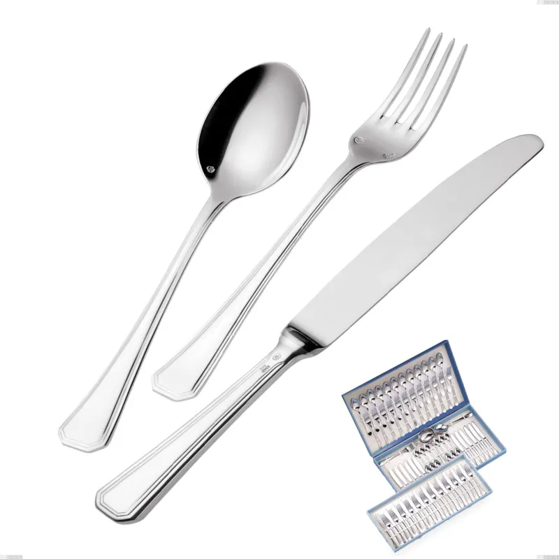 Servizio di posate 75 pezzi in astuccio regalo Savoia Argentato 3 mm spessore argento 25 micron, Acciaio inox 18/10 (AISI304) Argento 25 micron, spessore 3 mm Eme Posaterie Occasione