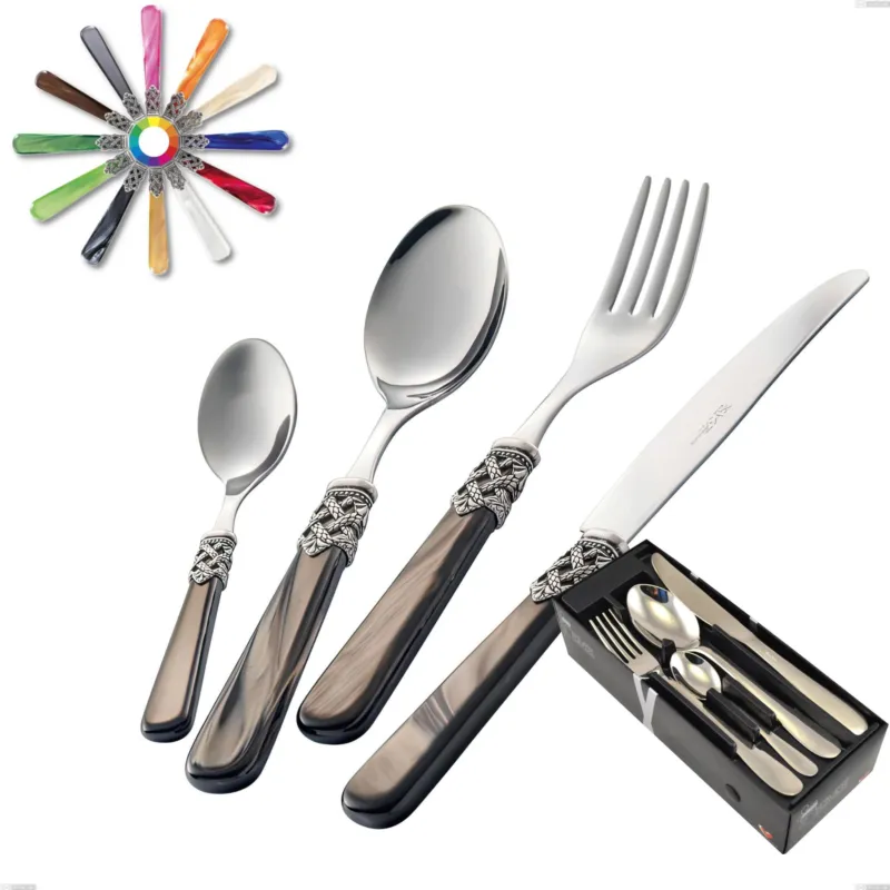 Nuova Collezione Set Posate colorate 24 pezzi GINEVRA 6 posti tavola 18/10 ghiera sui manici in confezione vetrina Eme Posaterie marrone perlato 1124