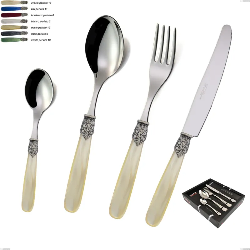 Servizio Posate Colorate Set 24 pezzi GEORGIAN in acciaio 18/10 (AISI304) manico in NYLON lavabili in lavastoviglie Eme Posaterie avorio perlato 13 Occasione