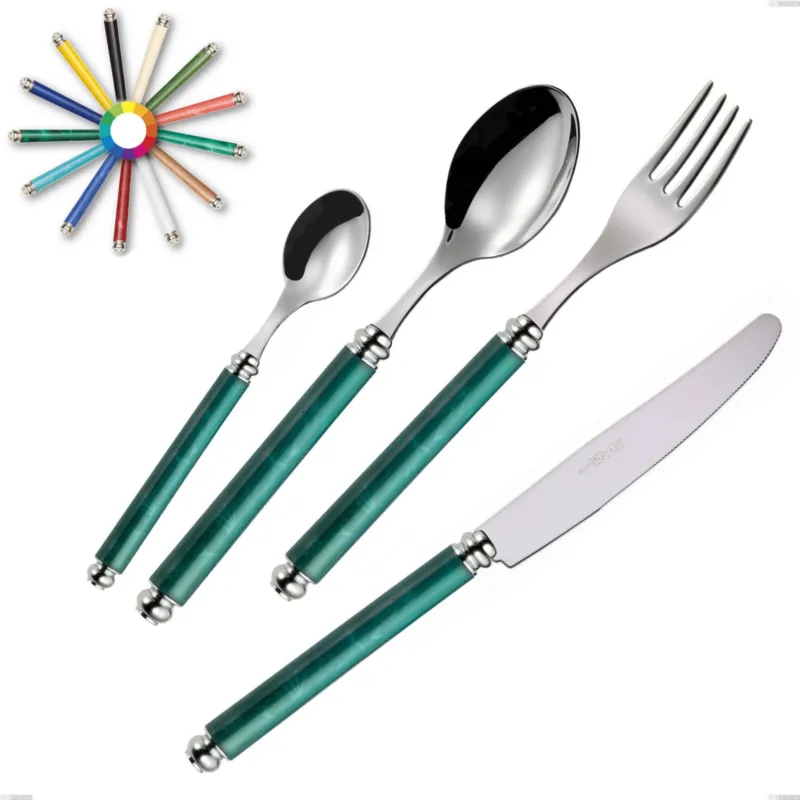 Set Posate colorate 4 pezzi ARCADIA 1 Coltello 1 Forchetta 1 Cucchiaio 1 Cucchiaino caffè in acciaio 18/10 manici dai colori marmorizzati con ghiere bombate Eme Posaterie blu 2 Esclusivo