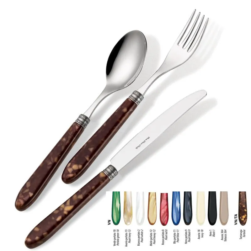 Set Posate colorate 4 pezzi un posto tavola VENDOME TARTARUGA 1 Coltello 1 Forchetta 1 Cucchiaio 1 Cucchiano caffe in acciaio 1810 Eme Posaterie avorio 18 Ultima Occasione