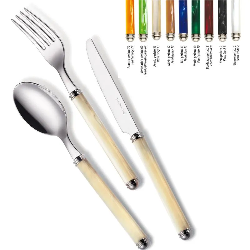 Affare Set Posate colorate 4 pezzi un posto tavola LINEA PERLATO 1 Coltello 1 Forchetta 1 Cucchiaio 1 Cucchiaino caffe in acciaio 1810 Eme Posaterie Arancio Perlato 79 EME