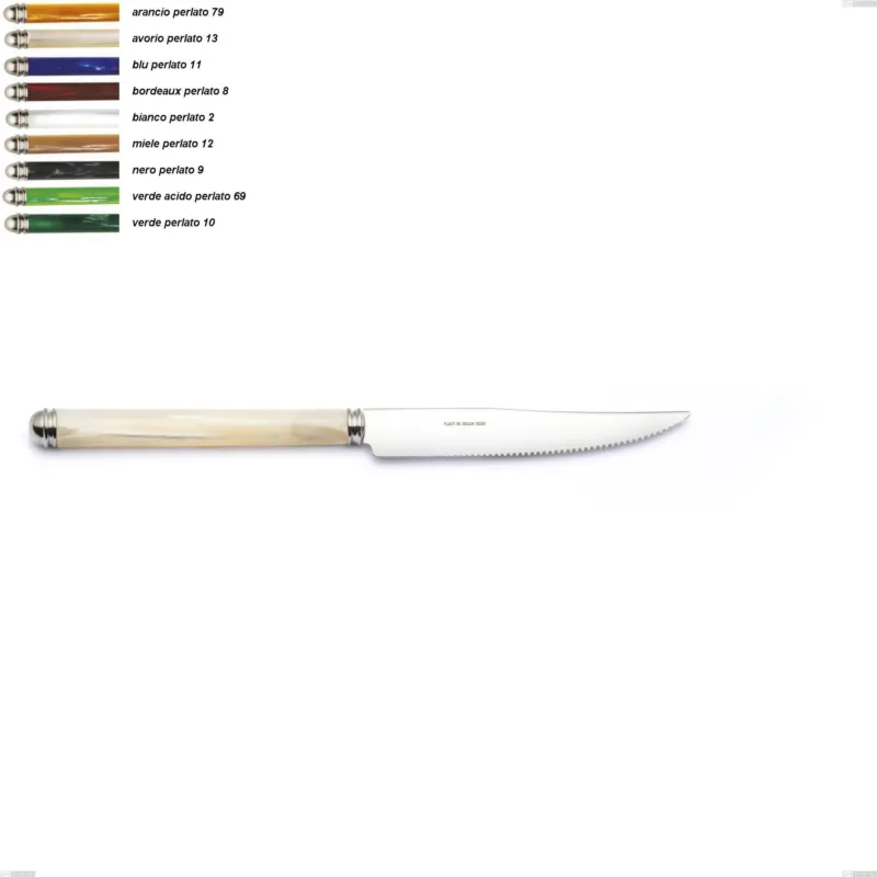 Coltello bistecca Linea Perlato, Acciaio inox 18/10 (AISI304) Lunghezza 227 mm manico in ABS doppia ghiera lavabili in lavastoviglie Eme Posaterie arancio perlato 79 Vendita Finale