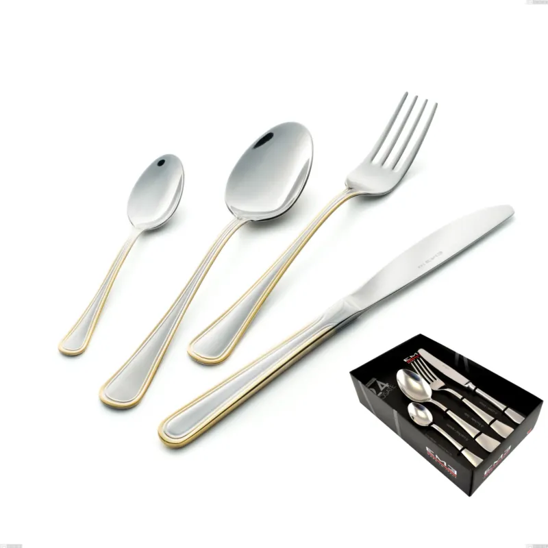 Must-Have Confezione vetrina 24 pezzi coltello economico Galles oro, acciaio 18-10, oro 24 carati lucido, spessore 2 mm Eme Posaterie