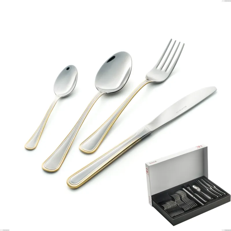 Nuova Collezione Confezione Panoramica 30 pezzi coltello economico Galles oro, acciaio 18-10, oro 24 carati lucido, spessore 2 mm Eme Posaterie