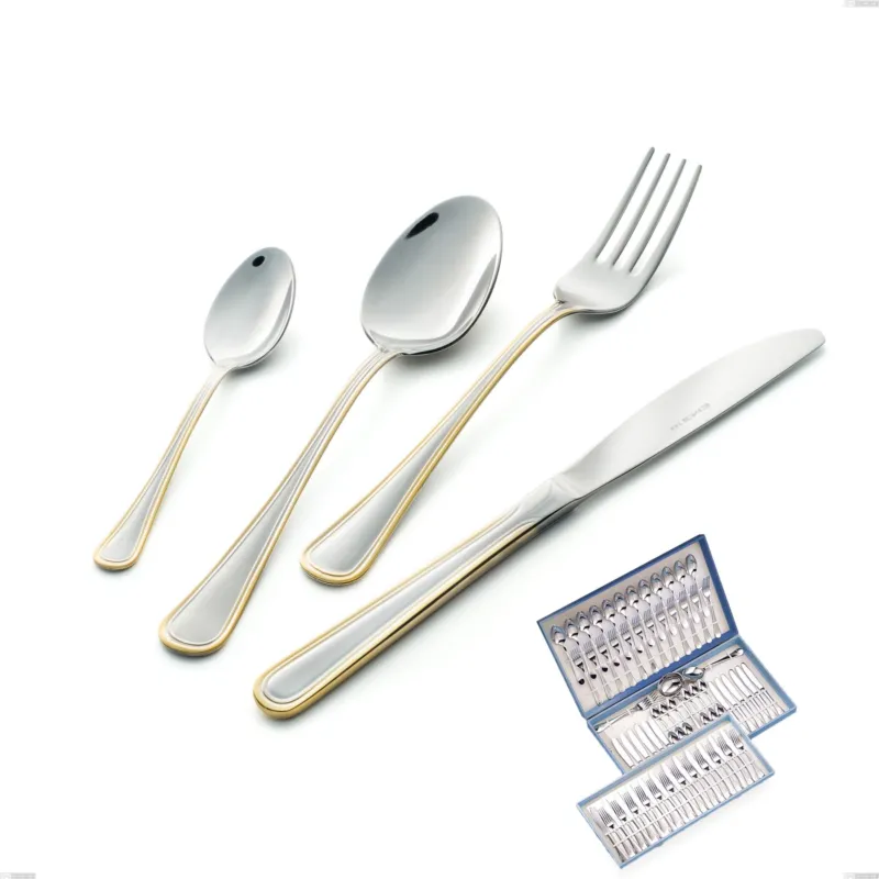 Più Venduto Servizio di posate 75 pezzi in astuccio regalo Galles oro, acciaio 18-10, oro 24 carati lucido, spessore 2 mm Eme Posaterie