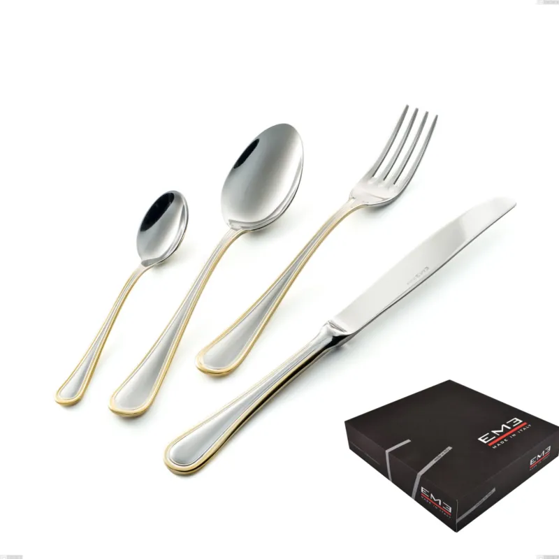 Compra Online Set di posate 75 pezzi Impero oro in confezione regalo coltello economico, acciaio 18-10, oro 24 carati lucido, spessore 2.5 mm Eme Posaterie
