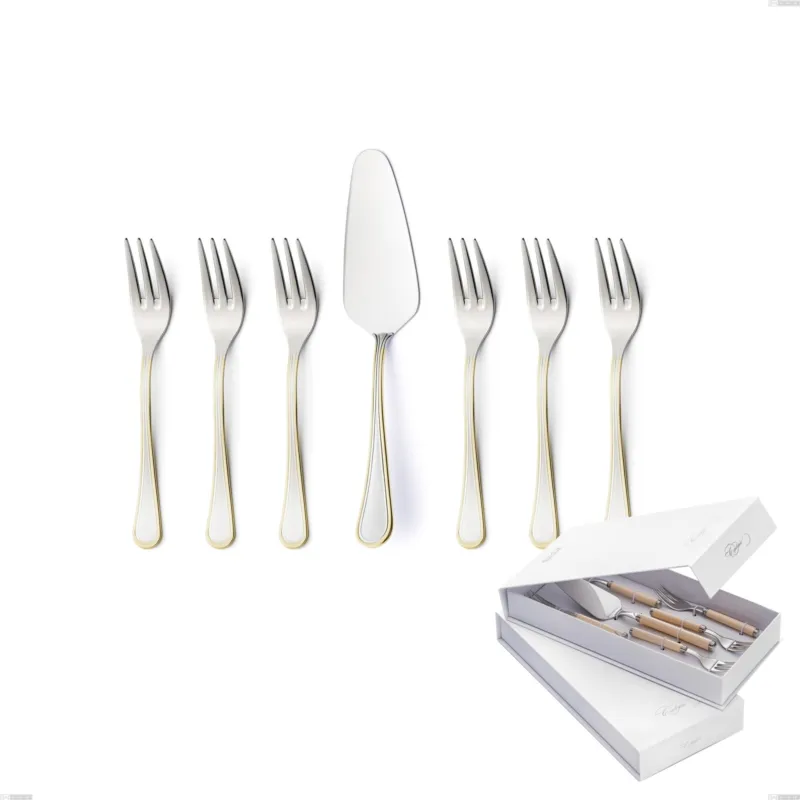 Confezione a libro 7 pezzi, forchettine più paletta dolce Impero oro, acciaio 18-10, oro 24 carati lucido, spessore 2.5 mm Eme Posaterie Prezzo Scontato