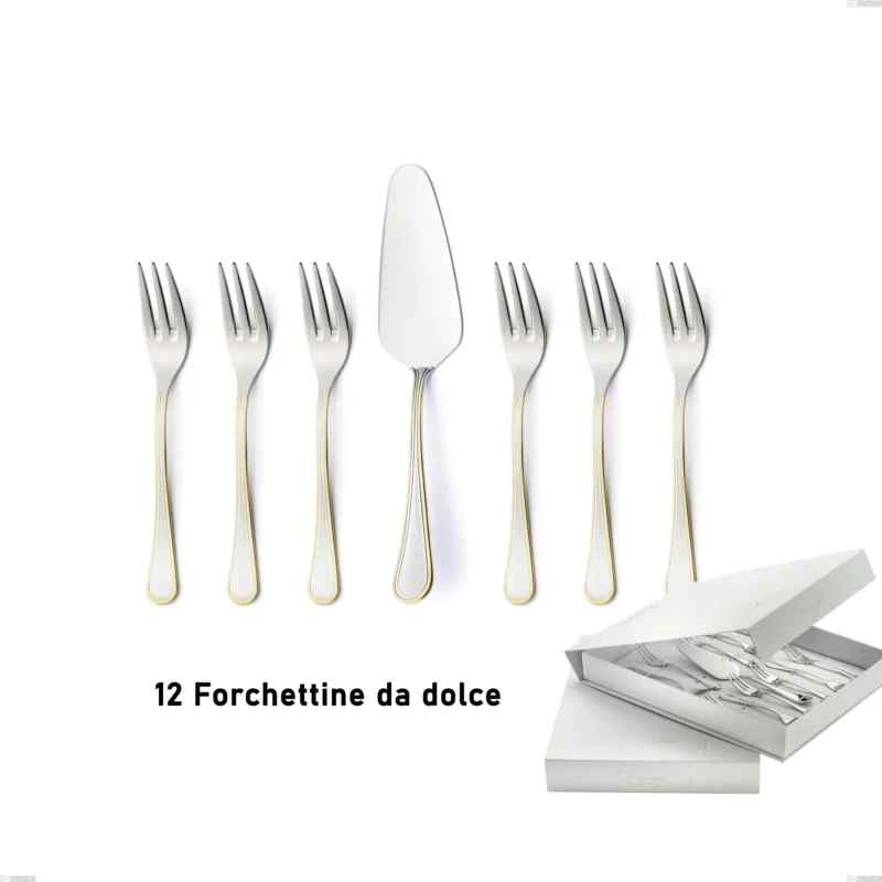 Prezzo Conveniente Confezione a libro 13 pezzi, forchettine più paletta dolce Impero oro, acciaio 18-10, oro 24 carati lucido, spessore 2.5 mm Eme Posaterie