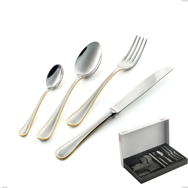 Confezione Panoramica 30 pezzi Impero oro, acciaio 18-10, oro 24 carati lucido, spessore 2.5 mm Eme Posaterie Offerta Speciale
