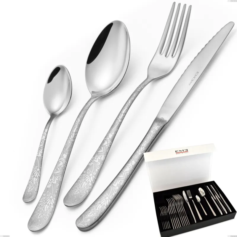 Confezione panoramica a libro 24 pezzi Charme Pechino, Acciaio 18/10 Inox Lucido con incisione al laser, spessore 2,5 mm mm Eme Posaterie Sconto
