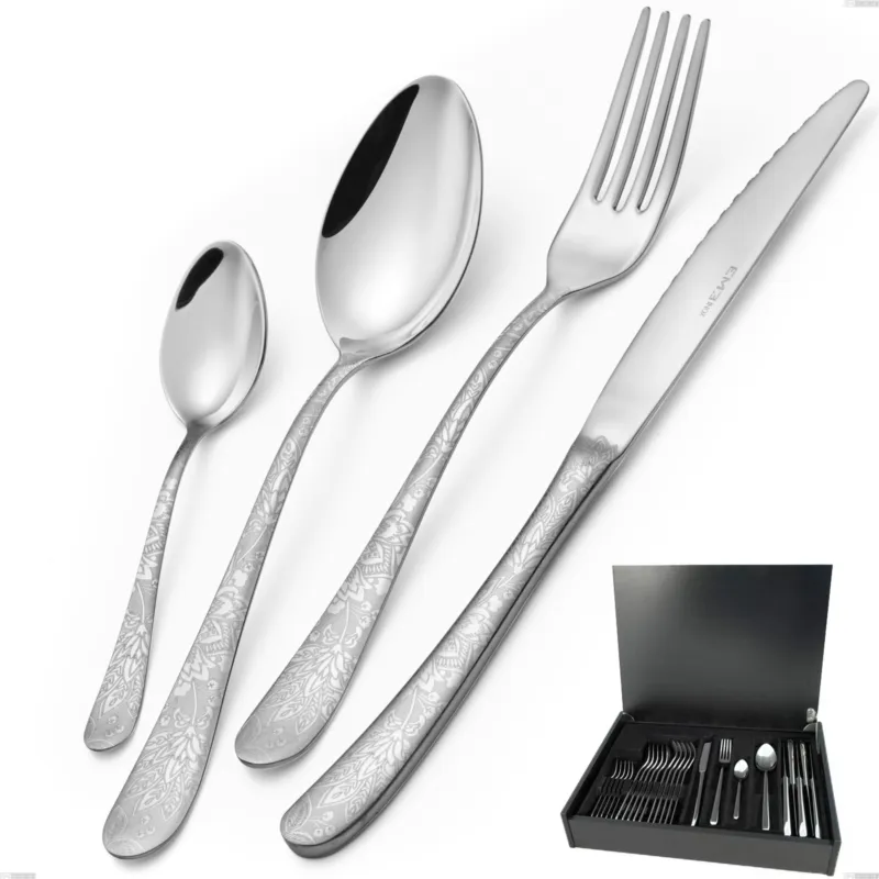 Servizio di posate 24 pezzi in astuccio di legno Charme Pechino, Acciaio 18/10 Inox Lucido con incisione al laser, spessore 2,5 mm mm Eme Posaterie Promo Stagionale