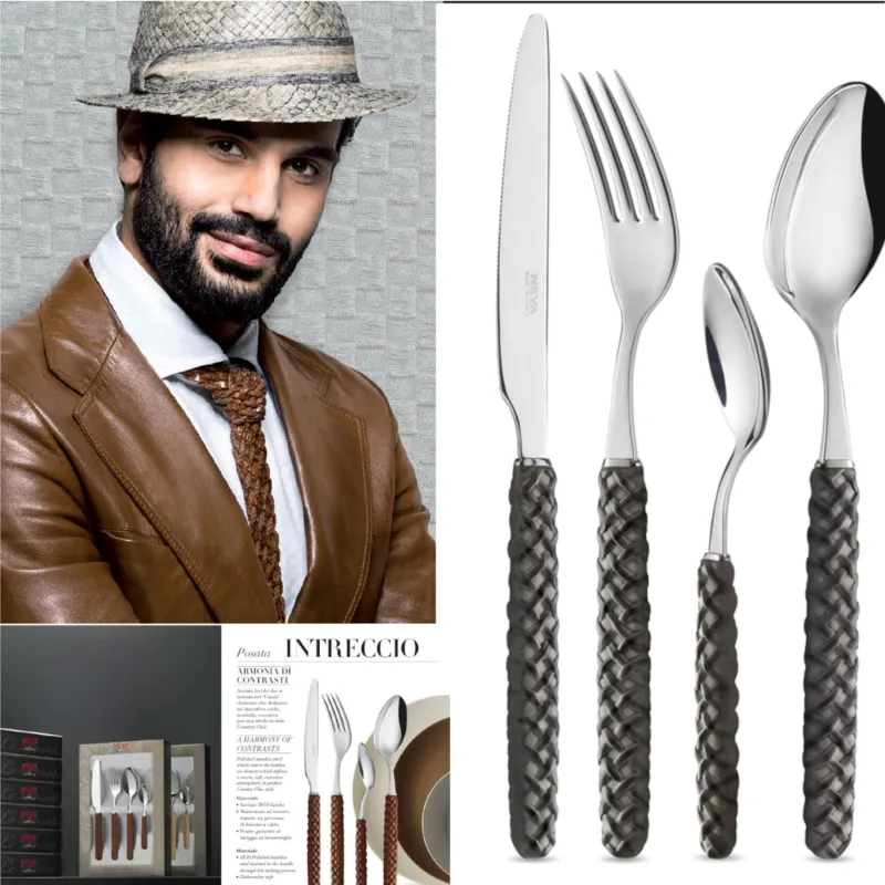 Compra Online Servizio Posate set 24 pezzi 6 posti tavola Intreccio Nero Acciaio e Cuoio Country Vintage 18/10 in confezione regalo lavabili in lavastoviglie Neva Posateria Creativa