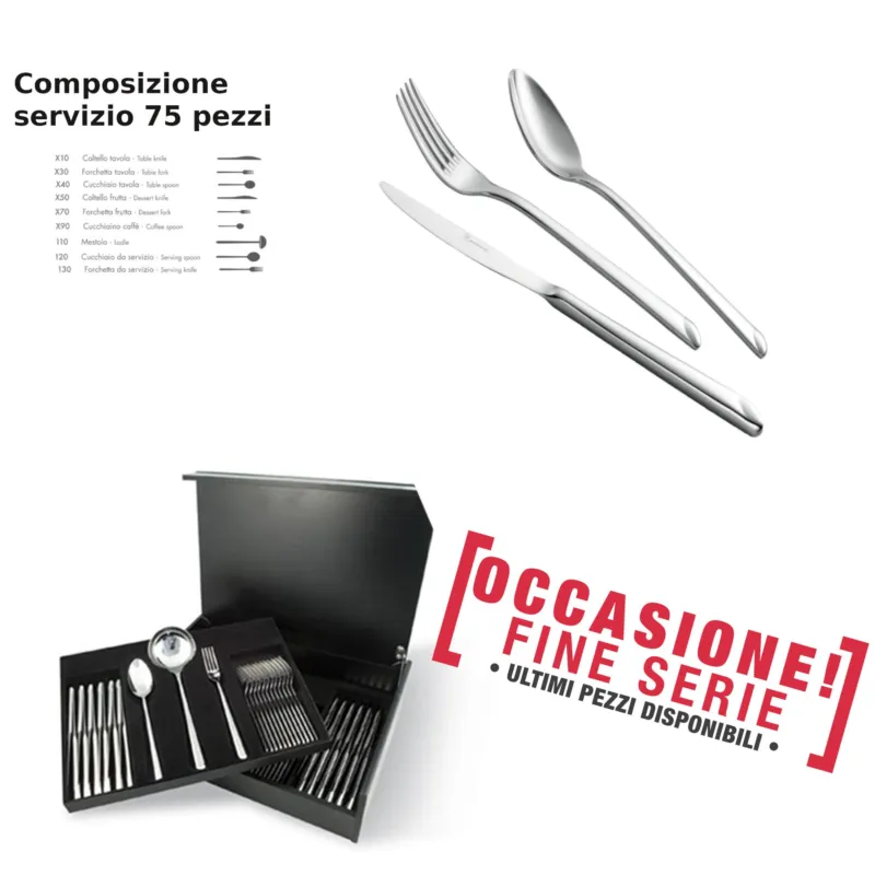 Quantità Limitata Servizio posate da 75 pezzi in Astuccio dI Legno coltello manico vuoto Linea Goccia, EME acciaio 18/10 ( Aisi 304) , spessore 4 mm Eme Posaterie