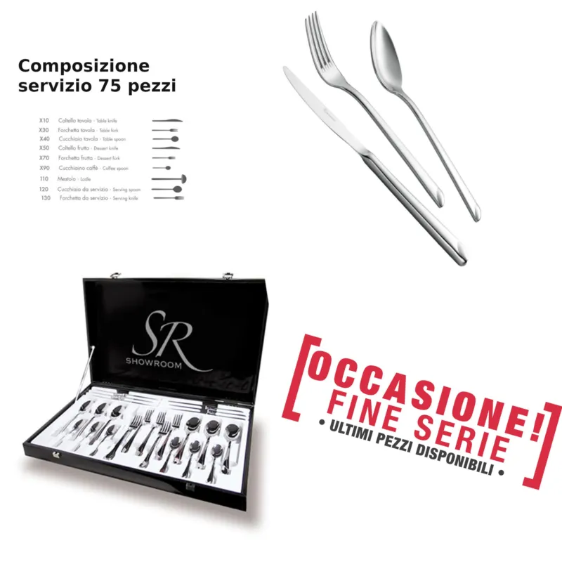 Servizio posate da 75 pezzi in Astuccio coltello manico vuoto Linea Goccia, EME acciaio 18/10 ( Aisi 304) , spessore 4 mm Eme Posaterie Prezzo Scontato