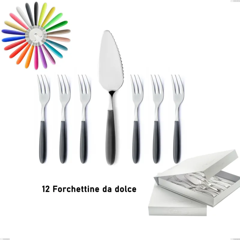 Acquista Ora Confezione a libro 13 pezzi, forchettine più paletta dolce vero, acciaio 18/0 aisi 430 nichel free manici abs acrilico Eme Posaterie giallo 82