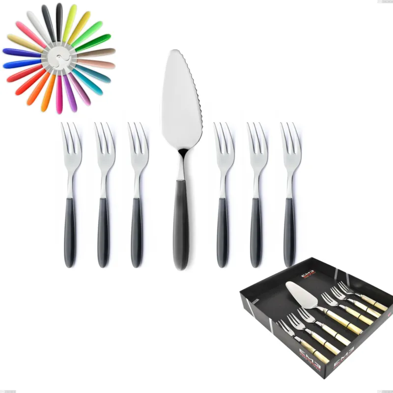 Confezione vetrina 7 pezzi, forchettine più paletta dolce vero, acciaio 18/0 aisi 430 nichel free manici abs acrilico Eme Posaterie giallo 82 Più Venduto