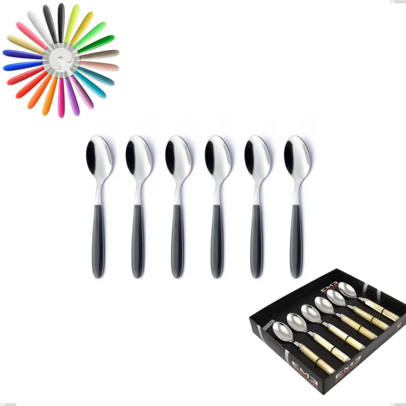 Professionale Confezione vetrina 6 pezzi cucchiaino caffe vero, acciaio 18/0 aisi 430 nichel free manici abs acrilico Eme Posaterie giallo 82