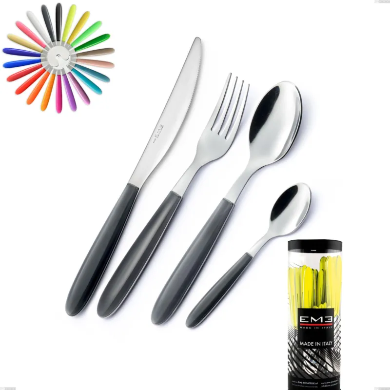 Confezione cilindro 24 pezzi posate vero, acciaio 18/0 aisi 430 nichel free manici abs acrilico Eme Posaterie giallo 82 Sconto