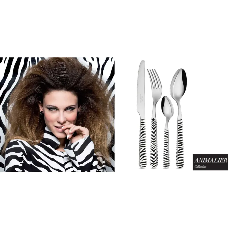 Occasione Imperdibile Posate colorate set 24 pezzi 6 posti tavola Animalier collection, Stile Contemporaneo Urban , 18/10 in confezione regalo lavabili in lavastoviglie Zebrato NERO Neva Posateria Creativa