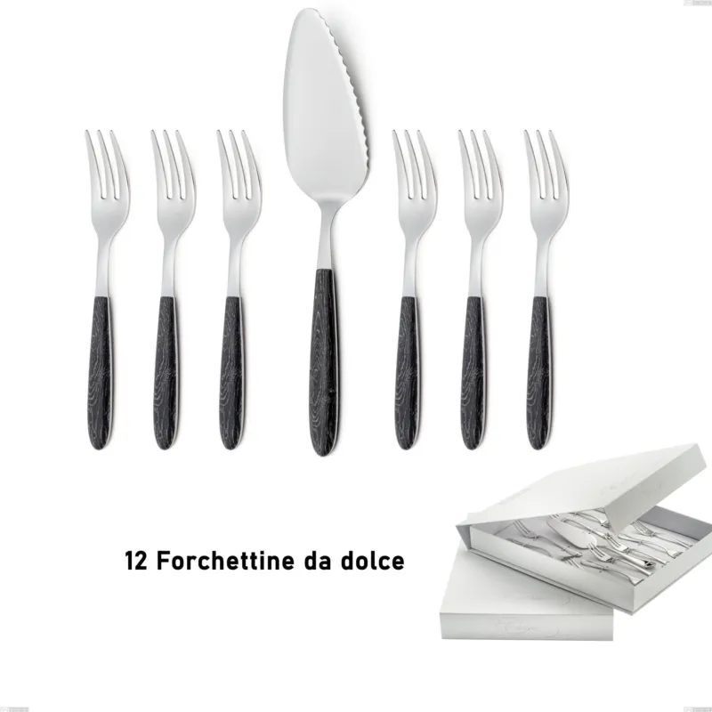 Professionale Confezione a libro 13 pezzi, forchettine più paletta dolce vero wenge, acciaio 18.0 nickel free, manicatura pbt sublimato acciaio lucido Eme Posaterie