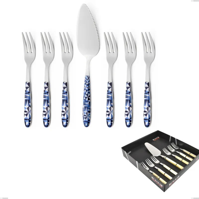 Compra Online Confezione vetrina 7 pezzi, forchettine più paletta dolce vero triangle, acciaio 18.0 nickel free, manicatura pbt sublimato acciaio lucido Eme Posaterie