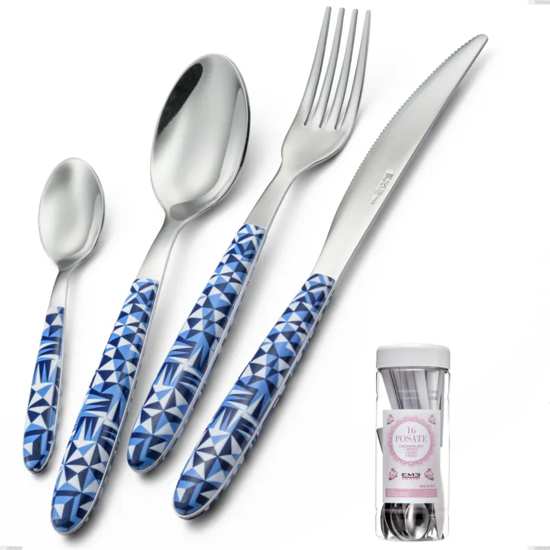 Confezione barattolo francese 16 pezzi posate vero triangle, acciaio 18.0 nickel free, manicatura pbt sublimato acciaio lucido Eme Posaterie Promozione Esclusiva