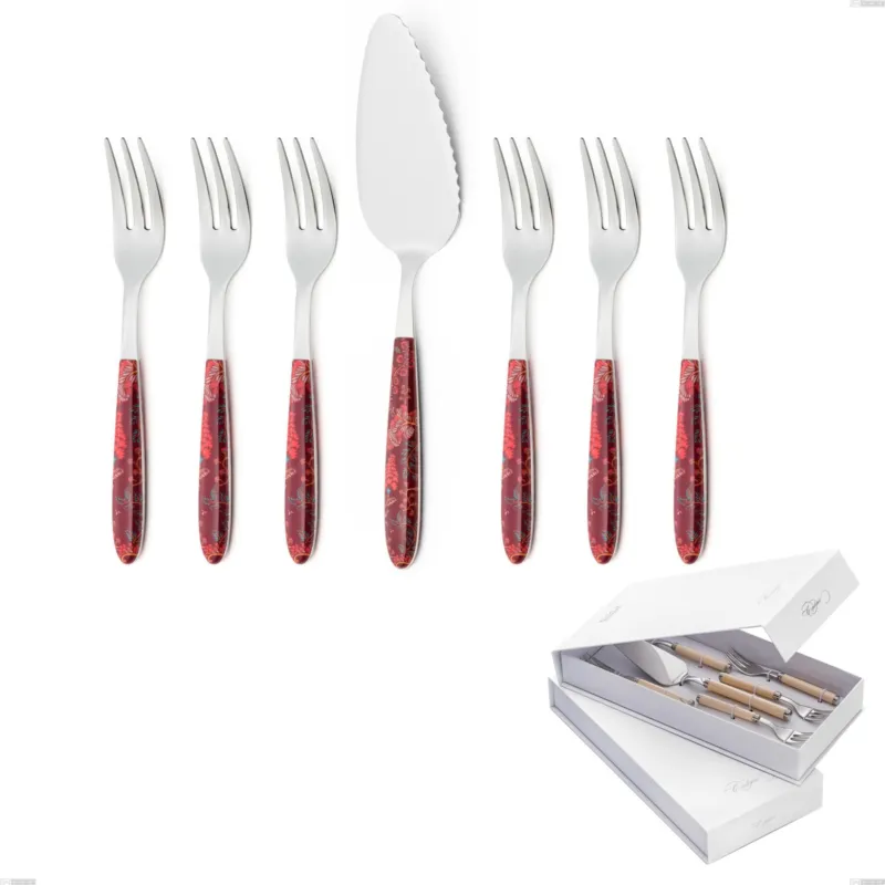 Confezione a libro 7 pezzi, forchettine più paletta dolce vero samarcanda, acciaio 18.0 nickel free, manicatura pbt sublimato acciaio lucido Eme Posaterie Promo Stagionale