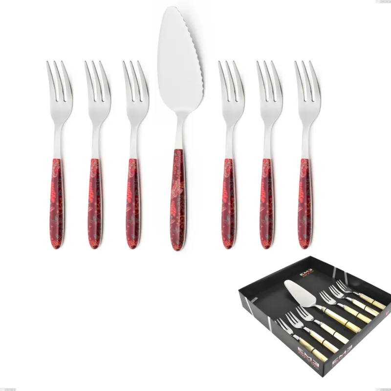 Confezione vetrina 7 pezzi, forchettine più paletta dolce vero samarcanda, acciaio 18.0 nickel free, manicatura pbt sublimato acciaio lucido Eme Posaterie Offerta Lampo