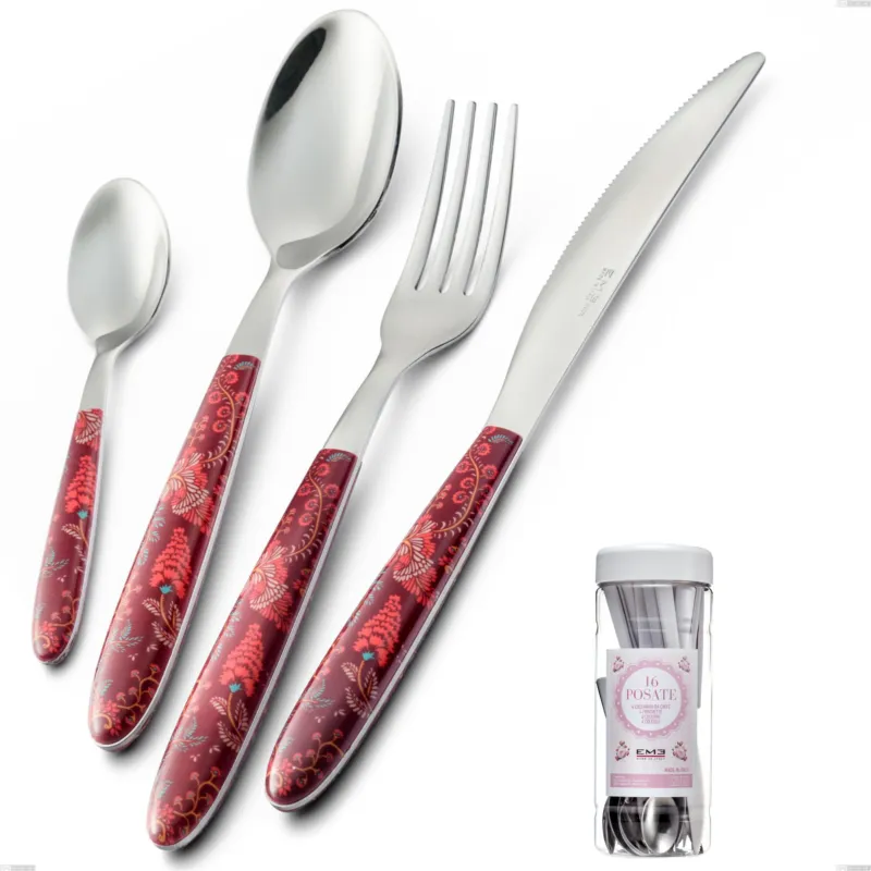 Confezione barattolo francese 16 pezzi posate vero samarcanda, acciaio 18.0 nickel free, manicatura pbt sublimato acciaio lucido Eme Posaterie Nuovo Arrivo