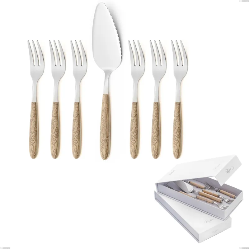 Confezione a libro 7 pezzi, forchettine più paletta dolce vero pino, acciaio 18.0 nickel free, manicatura pbt sublimato acciaio lucido Eme Posaterie Nuova Collezione