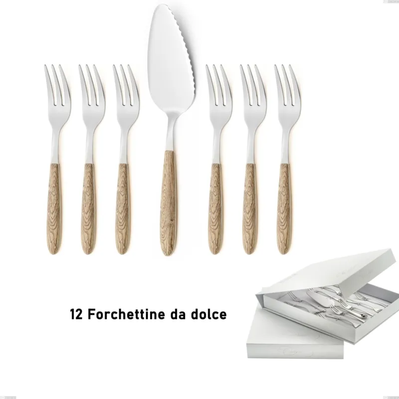 Affare Confezione a libro 13 pezzi, forchettine più paletta dolce vero pino, acciaio 18.0 nickel free, manicatura pbt sublimato acciaio lucido Eme Posaterie