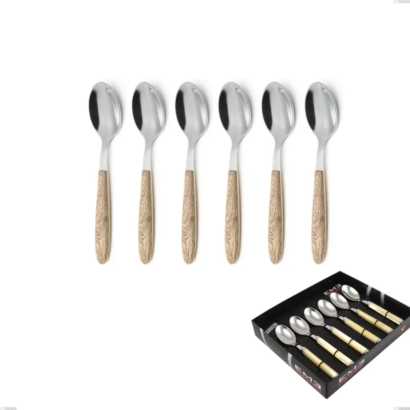Confezione vetrina 6 pezzi cucchiaino caffe vero pino, acciaio 18.0 nickel free, manicatura pbt sublimato acciaio lucido Eme Posaterie Esclusivo