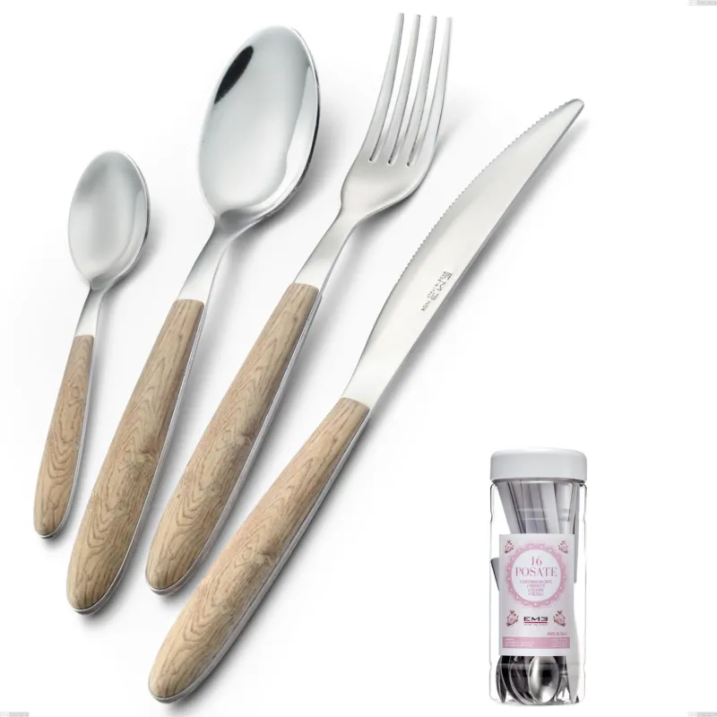 Direttamente Dal Produttore Confezione barattolo francese 16 pezzi posate vero pino, acciaio 18.0 nickel free, manicatura pbt sublimato acciaio lucido Eme Posaterie