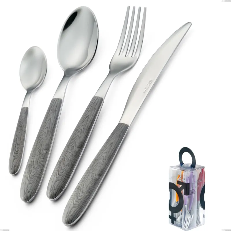 Confezione You&Me 24 pezzi posate vero olmo grigio, acciaio 18.0 nickel free, manicatura pbt sublimato acciaio lucido Eme Posaterie Affare