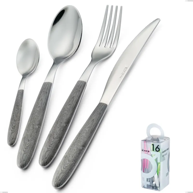 Ultima Occasione Confezione You&Me 16 pezzi vero olmo grigio, acciaio 18.0 nickel free, manicatura pbt sublimato acciaio lucido Eme Posaterie